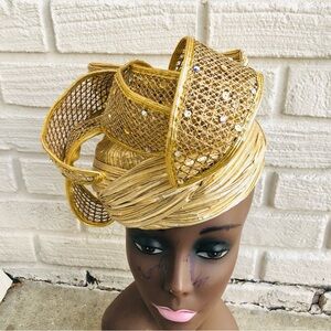 Vintage Whittall & Shon Metallic Gold Rhinestones 3 Tier Church Derby Crown Hat